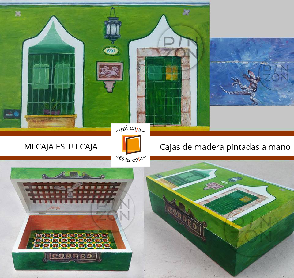 Green traditional house in Merida City painted on a small wooden box